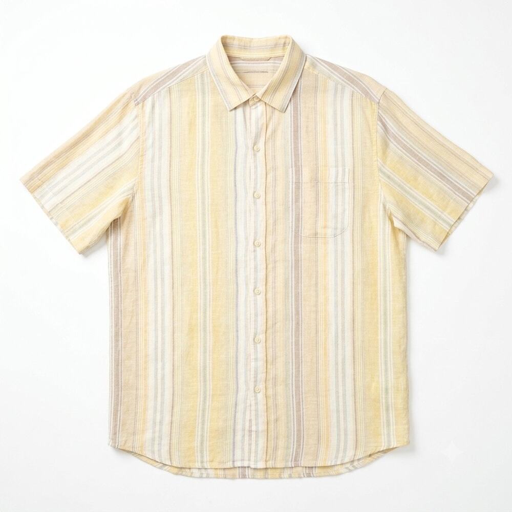 Tommy Bahama Linen Camp Shirt Yellow Striped Relaxed Fit Casual Mens Large